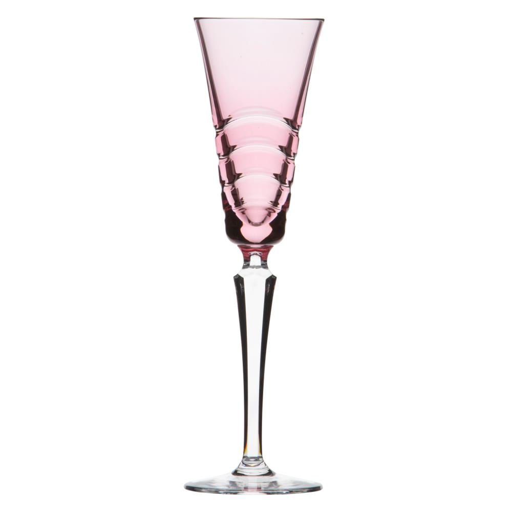 Rosafarbenes Sektglas aus Kristall auf weißem Hintergrund. Der Kelch ist zart rosé getönt und hat ein horizontales Wellenmuster für einzigartige Textur. Ein langer, klarer Stiel führt zu einem runden, stabilen Glasfuß.
