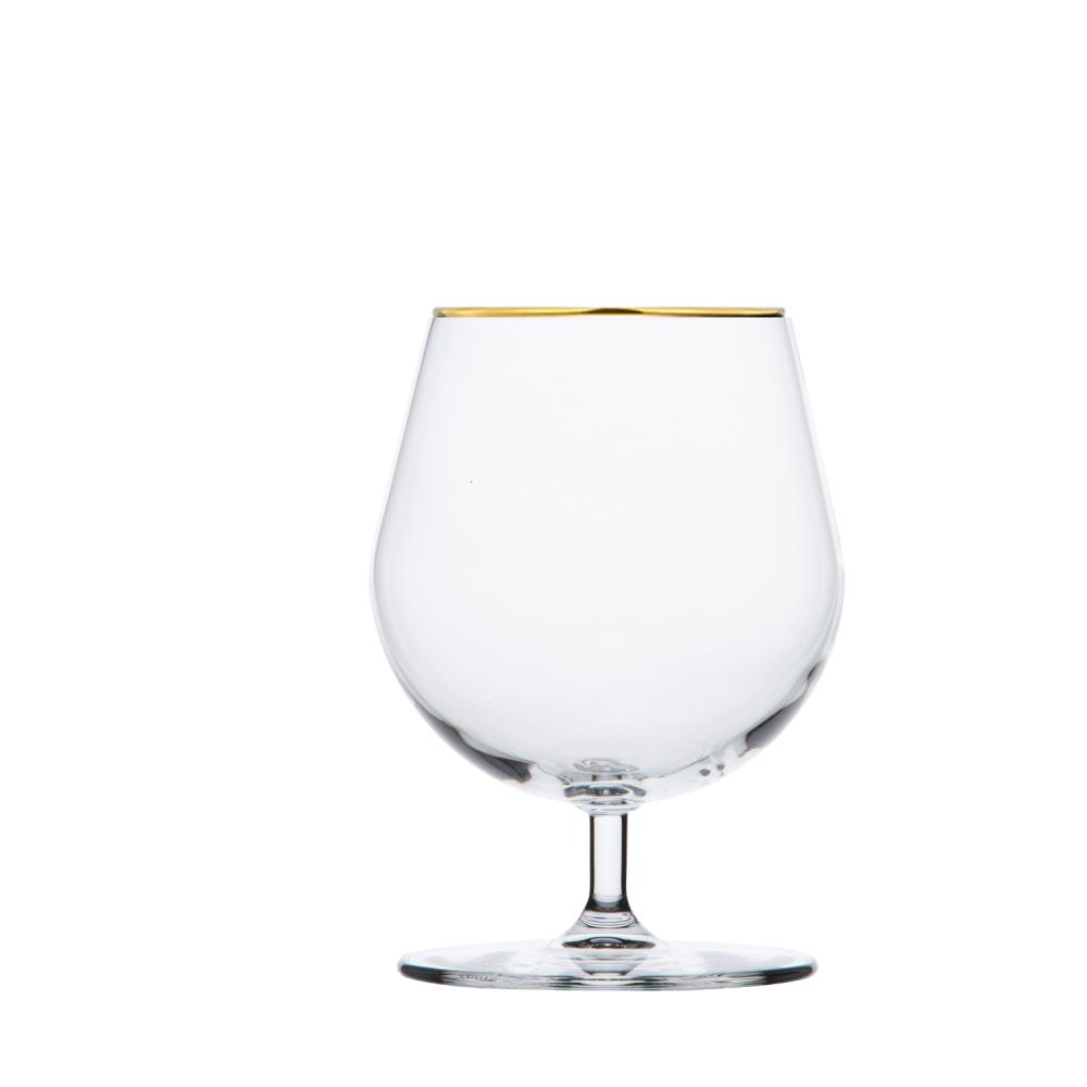 Klares ARNSTADT KRISTALL Cognacglas aus Kristallglas, bauchig mit schlankem Stiel und rundem Fuß. Ein feiner, glänzender Goldrand am oberen Rand. Transparent, lichtreflektierend vor reinweißem Hintergrund.