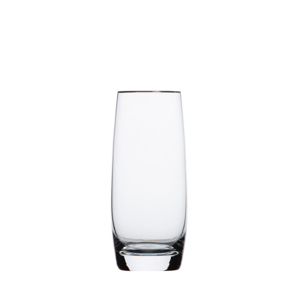 Klares, hohes Longdrinkglas aus Kristallglas. Schlankes Design mit dezentem Platinrand an der oberen Kante als edler Akzent. Leicht verdickter Boden, absolut rein und durchsichtig.
