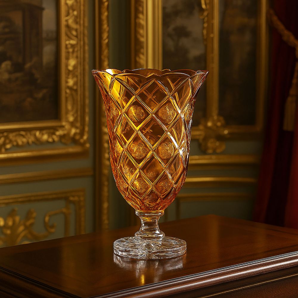 Hohe, bernsteinfarbene Kristallvase mit elegantem Rautenmuster, teils mit runden Medaillons. Wellenförmiger Rand, geschliffener Sockel auf dunklem Holztisch. Im luxuriösen Hintergrund goldgerahmte Kunstwerke.