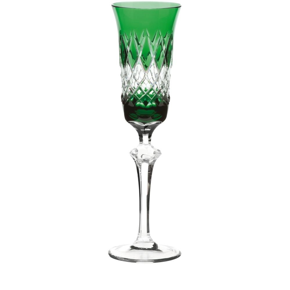 Sektglas aus Kristallglas mit grün gefärbtem Kelch und markantem Rautenmuster, das in klares Glas übergeht. Schlanker Stiel und runder Fuß aus klarem Glas. Venedig-Design für festliche Momente.
